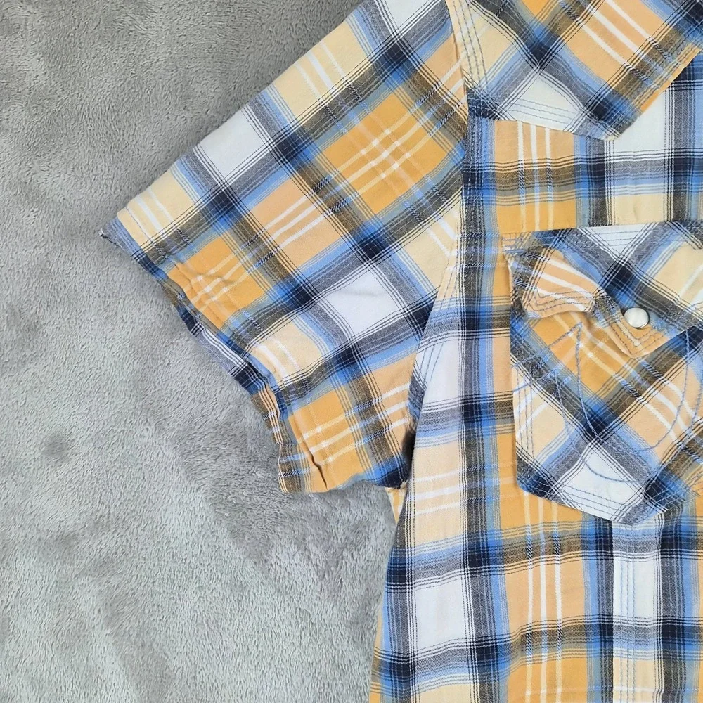 True Religion Rocky Western Shirt Men Large Yellow Blue Plaid Pearl Snap Cotton